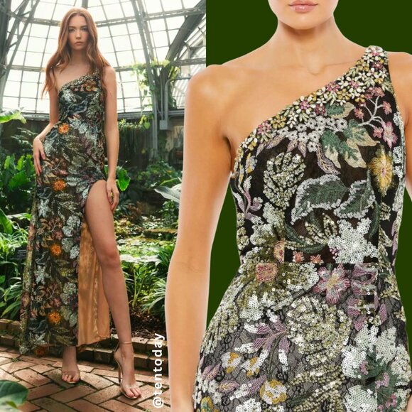 Mac Duggal 49574 Size 4 Floral Black Green Pink One Shoulder Gown Maxi Dress - Picture 1 of 10